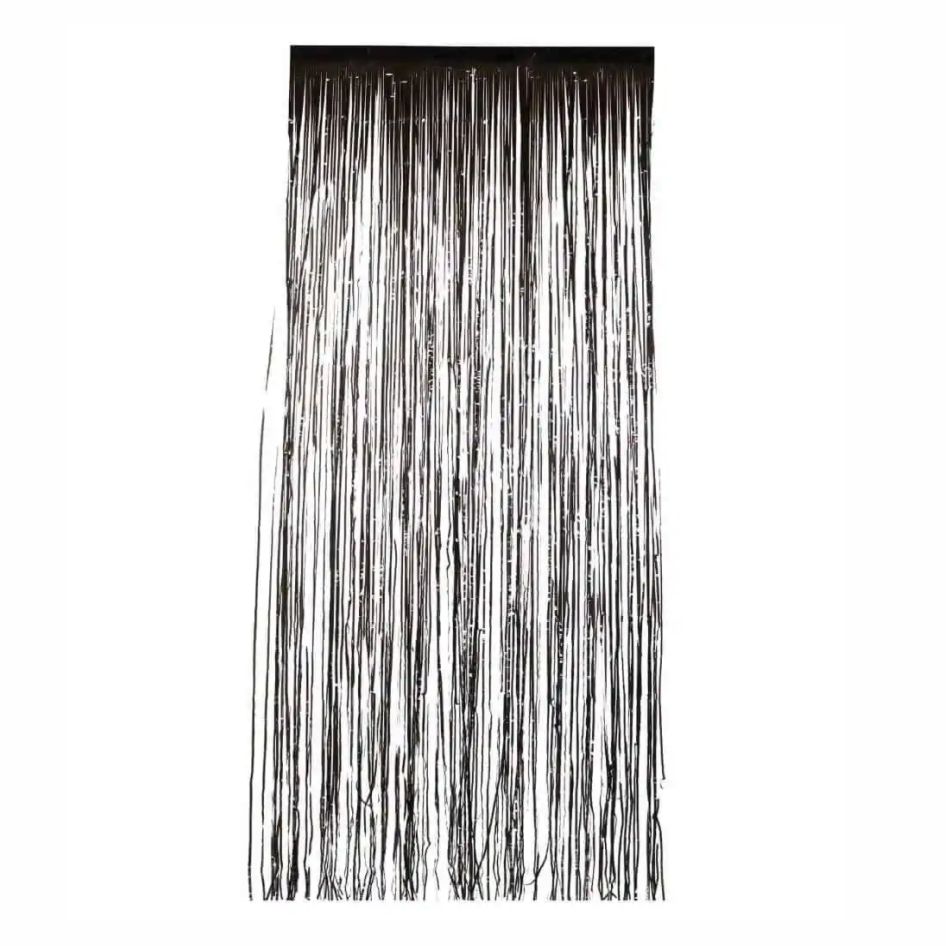 Tinsel Curtain Black A black tinsel curtain is a bold and stylish decoration piece perfect for creating dramatic backdrops and party entrances. Measuring 91x244cm (36x96 inches), it provides full-length coverage suitable for walls, doorways, and photo booth setups. The shimmering black strands catch light beautifully, adding depth and a touch of glamour to any event space. Ideal for birthday parties, New Year’s Eve, Halloween, themed celebrations, prom nights, discos, graduations, and corporate events, this curtain enhances the atmosphere with a sleek, modern look. The black color pairs well with metallics, neon colors, or bright décor, making it versatile for both elegant and fun party themes. The curtain is lightweight and easy to install using the adhesive strip at the top. Simply peel and stick onto walls, tables, frames, or backdrop stands. It can also be trimmed to fit smaller spaces or layered with balloons, banners, fringe garlands, or LED lights for extra visual impact. Durable and reusable, it can be removed carefully and stored for future use. Perfect for photo backdrops, stage decorations, streamer walls, and event entrances, this black tinsel curtain adds instant style without complicated setup. Whether you’re planning a professional-looking backdrop or a simple home celebration, it delivers a polished and eye-catching finish. Ideal for party planners, DIY decorators, and event hosts.