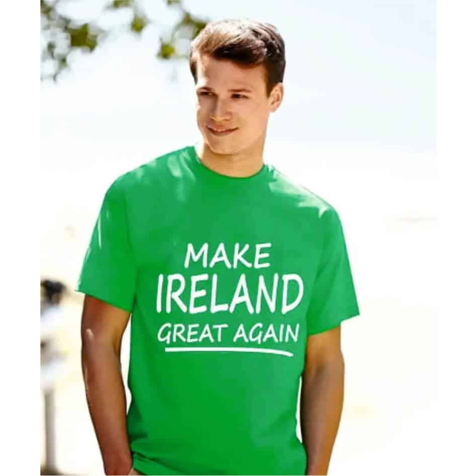 Make Ireland Great Again Tee Shirt If you love Ireland then you need this tee! Enjoy the craic on the emerald Isle with our Make Ireland Great Again tee. Our quality premium green tees are one of the best on the market, extremely hard wearing without losing the soft feel,wash time and time again without the garment losing its shape. This product is highly recommended for anyone who loves a good tee. Colour: Green: