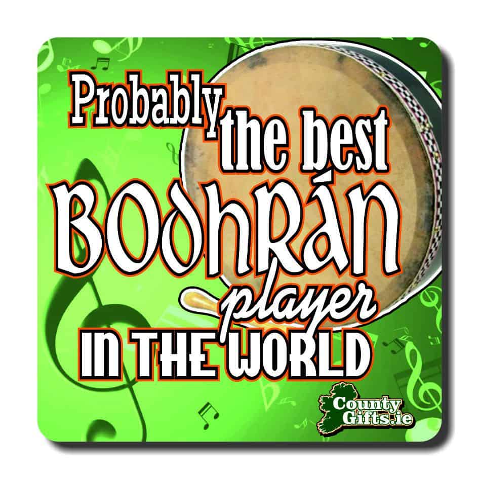 Bodhrán Player Coaster Quality music coaster for the bodhrán player in your life.Our coasters are practical and durable with a glossy photo finish. Coasters measure  9cm x 9cm with a thickness of 3.17mm Match up with our Bodhrán Player Mug