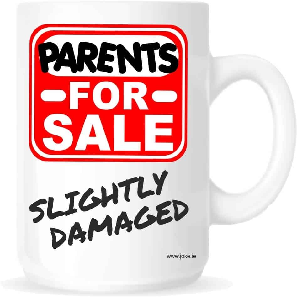 Our "Parents For Sale...." Mug is a perfect gift idea for the 'rents that are wrecking your head!! "Parents for Sale..." mug is a great gift to get your point across! Our ceramic mugs are robust, hard wearing and manufactured with a dishwasher safe premium coating.They are dishwasher resistant up to 800 wash cycles at 45°C. Our deluxe 14oz Travel mugs are ideal for anyone on the move, these travel mugs are stainless steel and will last for years. The mugs keep liquid hot or cold. Our mugs are of a high gloss finish and are available in four sizes. Standard 10oz Mug Fine Enamel Mug 12oz Jumbo 15oz Mug – Ideal for anyone that loves a good cuppa! Travel 14oz Mug – Great for anyone on the move. All mugs come in a gift box
