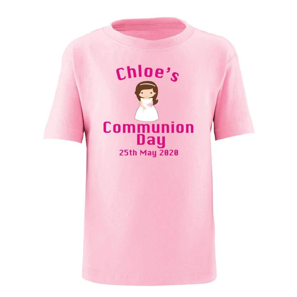 Holy Communion Tee Shirt (Pink) Our fun personalised kids tee shirts are ideal to wear during your communion day, have fun with your friends on the bouncy castle or other activities and still be the special girl at the party. Simply add your name and date to personalise your tee shirt. This make a great keepsake to recall the big day! Sizing: 7-8 Years (30″ Waist) 9-11 Years (32″ Waist) 12-13 Years (34″ Waist)