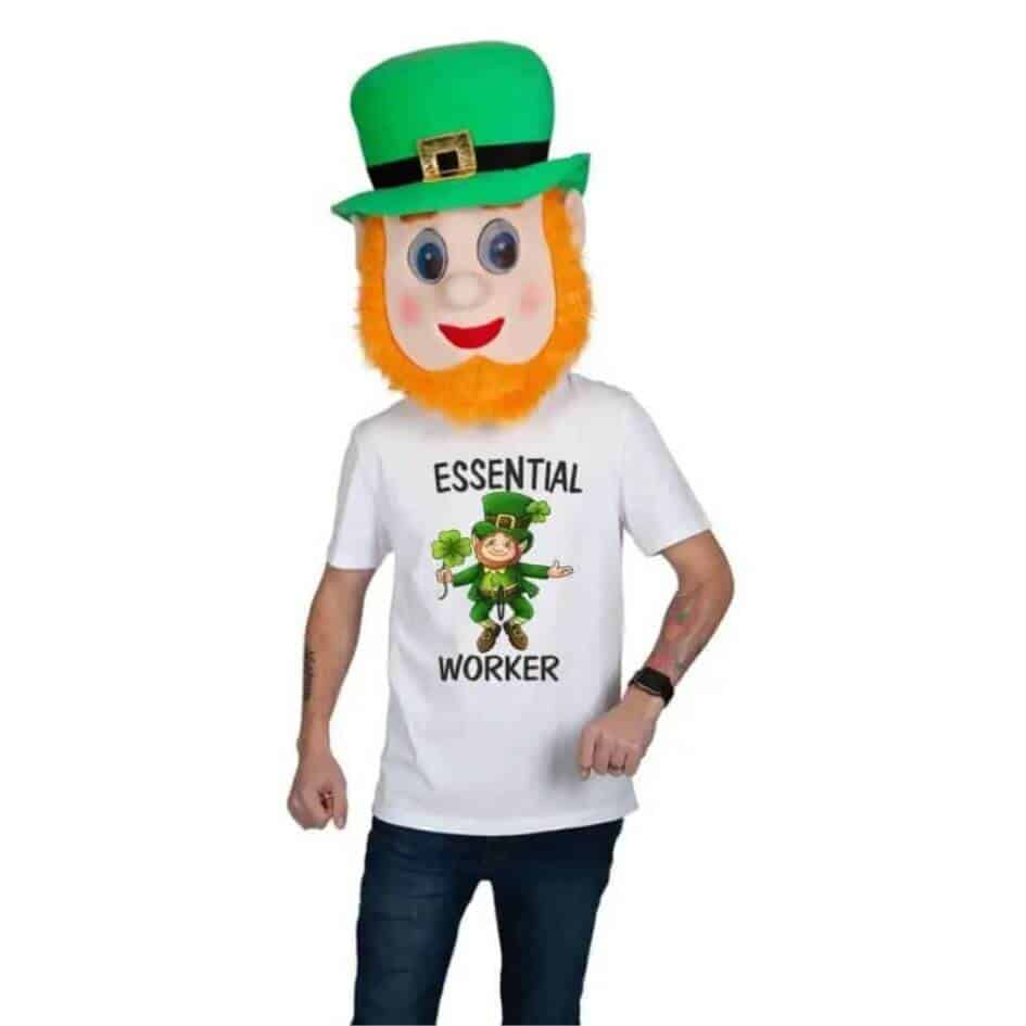 Essential Worker Tee Shirt.White tee shirt with a cartoon leprechaun with Essential Worker print.