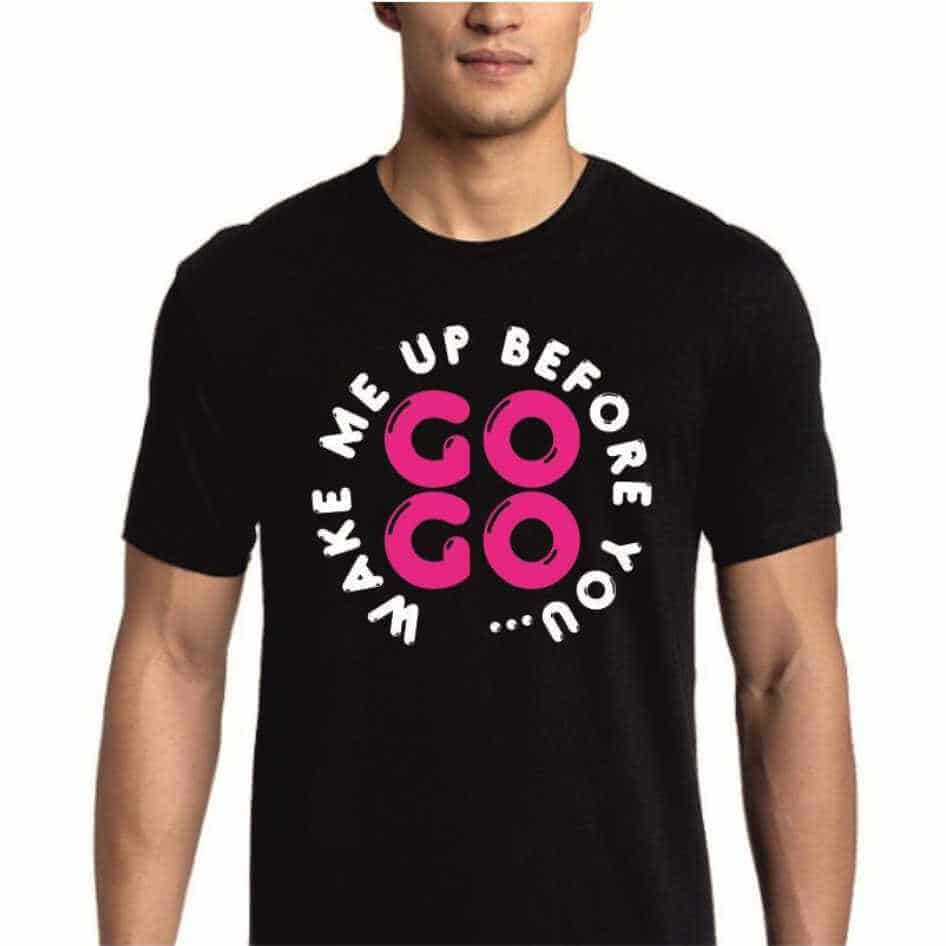 Black Wake Me Up Before You Go Go Tee Shirt with GoGo in pink and Wake me up in white tect.Quality and colourful tee shirt.6 sizes available.