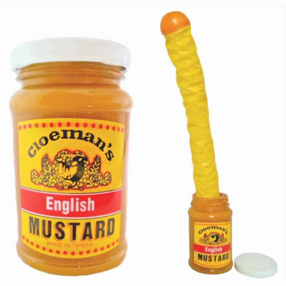 A take on Colemans English Mustard.Mustard Jar Snake Another popular joke item. the realistic looking English Mustard Jar never fails and is the the ultimate prank for the dinner table. This realistic glass jar of English Mustard when opened a snake will pop out and make a sound. Guaranteed to surprise the victim! This gag can be used again and again!