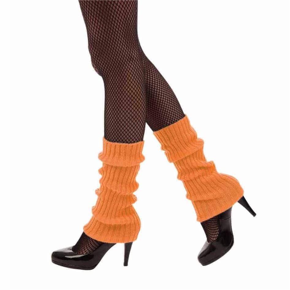 Orange Leg Warmers Our 80’s Orange Leg warmers are great accessories to jazz up your eighties fancy dress Costumes. If you need your costume to standout, this is what you need! Soft and very comfy to wear and most of all quite stylish! 80s gear from joke.ie