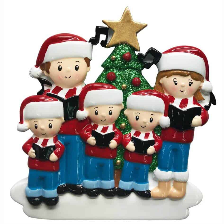 Caroling Family Of 5 Christmas Decoration by joke.ie from Cavan Ireland Our popular personalised decorations are the ideal Christmas gift to hang on the Christmas tree, and when the festive season is over pop it into the keepsake box. Hand crafted Christmas decorations in the traditional Christmas colours. Personalise it with a name or family name in the relevant field. These quality hand painted decorations are made from poly resin material and finished to a high standard with a high gloss finish.Your gift will be wrapped in tissue paper and finished with a gift bag.