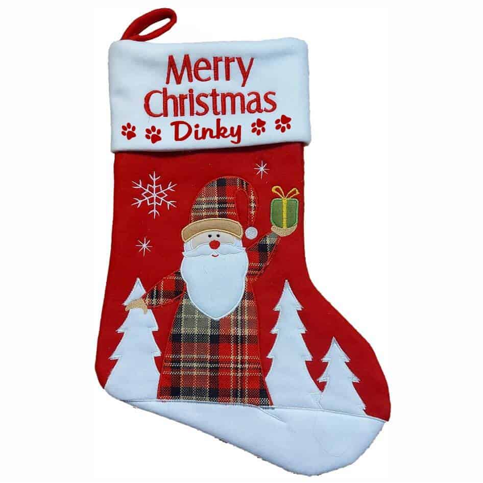 Personalised Christmas Stocking Dog Don't forget the doggie! A must have at Christmas, hang it on the mantel piece with all those doggie treats. Add the dogs name to make it extra special. To personalise simply pop your name into the required field and we will do the rest!