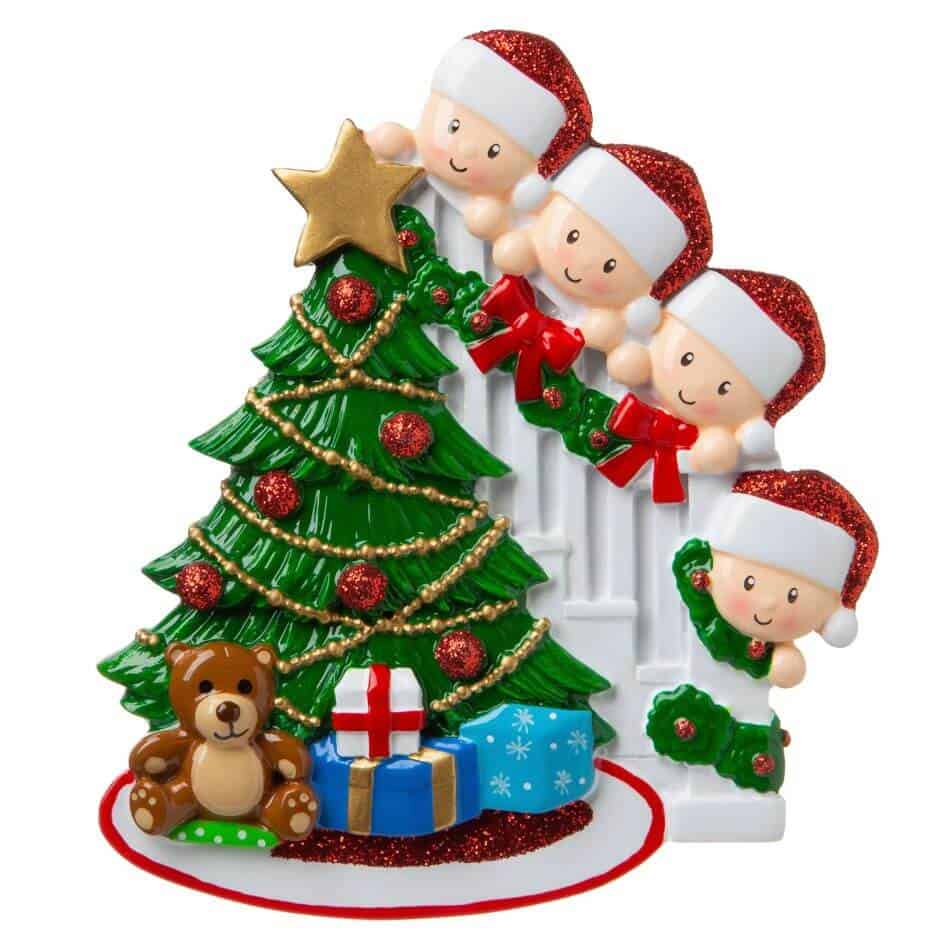 Peeking Family Of 4 Christmas Decoration from joke.ie -Cavan Ireland Our popular personalised decorations are the ideal Christmas gift to hang on the Christmas tree, and when the festive season is over pop it into the keepsake box. Hand crafted Christmas  decorations in the traditional Christmas colours. Personalise it with a name or family name in the relevant field. These quality hand painted decorations are made from poly resin material and finished to a high standard with a high gloss finish.Your gift will be wrapped it tissue paper and finished in a gift bag.