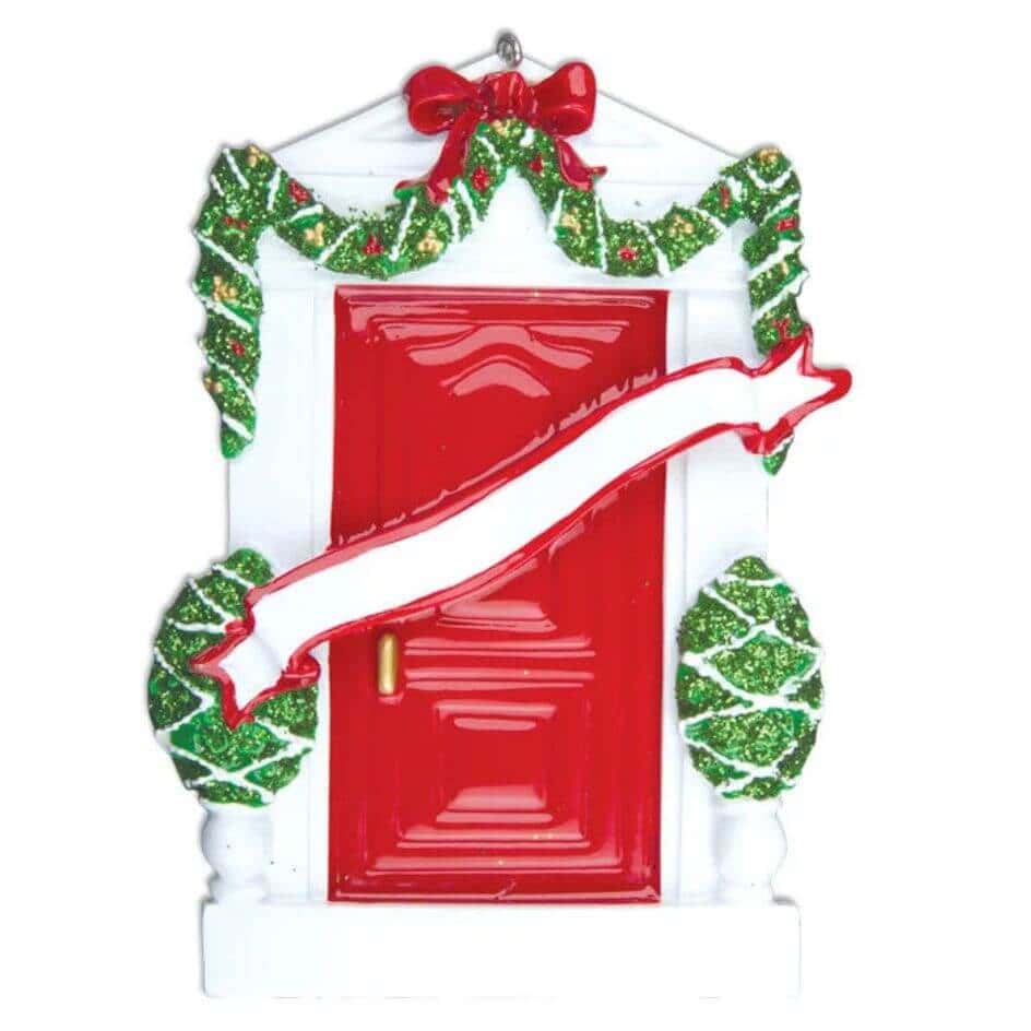 Red Door Personalised Christmas Decoration from joke.ie in Cavan Ireland Our popular personalised decorations are the ideal Christmas gift to hang on the Christmas tree, and when the festive season is over pop it into the keepsake box. Hand crafted Christmas  decorations in the traditional Christmas colours. Personalise it with a name or family name in the relevant field. These quality hand painted decorations are made from poly resin material and finished to a high standard with a high gloss finish.Your gift will be wrapped it tissue paper and finished in a gift bag.