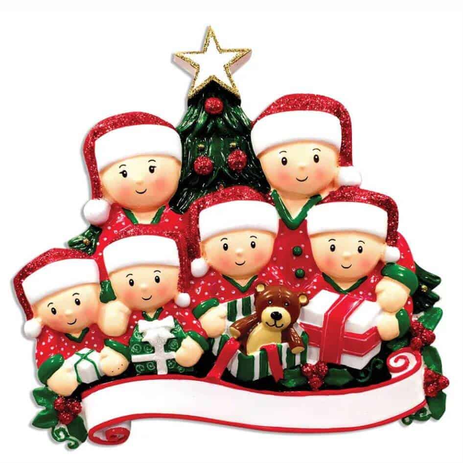 Opening Presents 6 Head Christmas Decoration by joke.ie from Cavan Ireland. Our popular personalised decorations are the ideal Christmas gift to hang on the Christmas tree, and when the festive season is over pop it into the keepsake box. Hand crafted Christmas decorations in the traditional Christmas colours. Personalise it with a name or family name in the relevant field. These quality hand painted decorations are made from poly resin material and finished to a high standard with a high gloss finish.Your gift will be wrapped in tissue paper and finished with a gift bag.