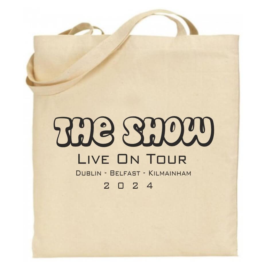 Niall Horan Tote Bag -The Show Our Niall Horan Tote Bag is ideal for all those bits and pieces that you require.The Show Live On Tour bag is a great accessory wherever you are going. Our natural colour bags are made from eco-friendly organic cotton and manufactured by a fair-trade business. Dimensions are 39(h) x 35(w) with 30cm handle and features a double Hello Lovers print.