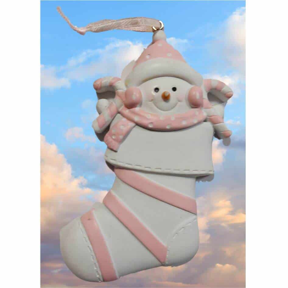 Baby In Stocking Decoration - Pink Our very popular Baby In Stocking Decoration is the ideal Christmas gift to hang on the Christmas tree, and when the festive season is over pop it into the keepsake box. This cute decoration is in a blue design.Personalise it with your new baby's name in the relevant field. These quality hand painted decorations are made from polyresin material and finished to a high standard with a high gloss finish.Your gift will be wrapped in tissue and finished with a gift bag. A perfect gift for a new baby.