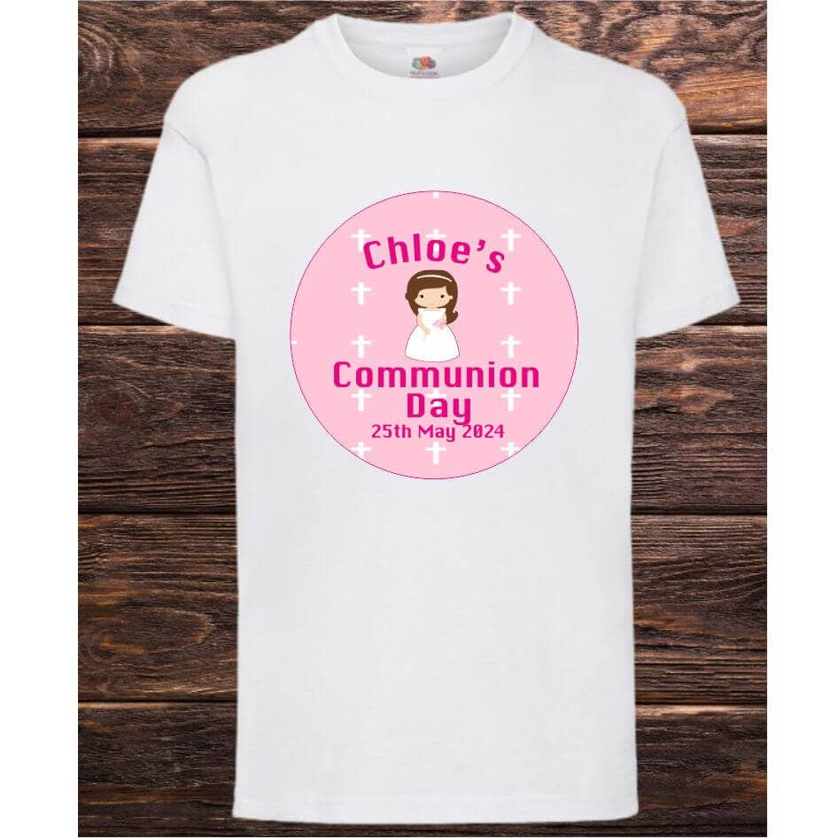 White Personalised Communion Girl T-Shirt Our fun personalised Communiontee shirts are ideal for the communion day.Have the fun with your friends on the bouncy castle or other activities and still be the special girl at the party. Simply add your name and date to personalise your tee shirt. Our tees makes a great keepsake to recall the big day! Sizing: 7-8 Years (30″ Waist) 9-11 Years (32″ Waist) 12-13 Years (34″ Waist)