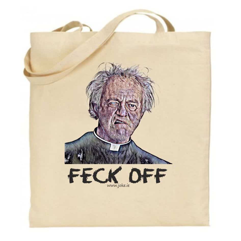 Feck Off Tote Bag from joke.ie Classic quote from Father Jack.The Feck Off  Tote Bag is ideal for those Tedfest days on Craggy island. Pop in all your Father Ted  bits and pieces, ah what do you say... Feck Off! Our natural colour bags are made from eco-friendly organic cotton and manufactured by a fair-trade business. Dimensions are 39(h) x 35(w) with 30cm handle.