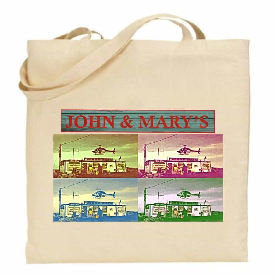 John & Mary Tote Bag.The fun loving couple!John & Mary's is a shop in the hit sitcom Father Ted on Channel 4. It is based on Craggy Island and is owned by married couple John and Mary O'Leary, who not-so-secretly dislike each other. Some of there antics include incidents involving the couple, Mary attempts to kill her husband by dunking his head in a bucket of water, which he passes off as her washing his hair, and he locks her in a giant wardrobe. They also come to blows over a shotgun which goes off when Ted leaves the shop.As Ted would say they are a lovely couple! Our natural colour bags are made from eco-friendly organic cotton and manufactured by a fair-trade business. Dimensions are 39(h) x 35(w) with 30cm handle.