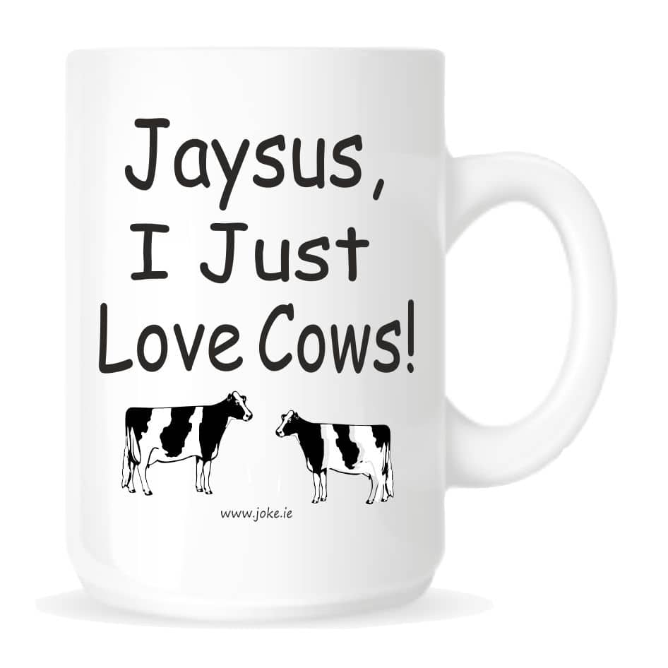 Jaysus I Just Love Cows Mug.Calling all farmers. Our mug is ideal for your tea or coffee.Novelty mug with a fun slogan and image,"Jaysus I Just Love Cows Mug " Our novelty fun mugs are an everyday use mug. The 10oz ceramic mugs are manufactured with a dishwasher safe premium coating.They are dishwasher resistant up to 800 wash cycles at 45°C.Our deluxe 14oz Travel mugs are ideal for anyone on the move, these travel mugs are stainless steel and will last for years. The mugs keep liquid hot or cold. Our mugs are of a high gloss finish and are available in four sizes. Standard 10oz Mug Fine Enamel Mug 12oz Jumbo 15oz Mug – Ideal for anyone that loves a good cuppa! Travel 14oz Mug – Great for anyone on the move. All mugs come in a gift box