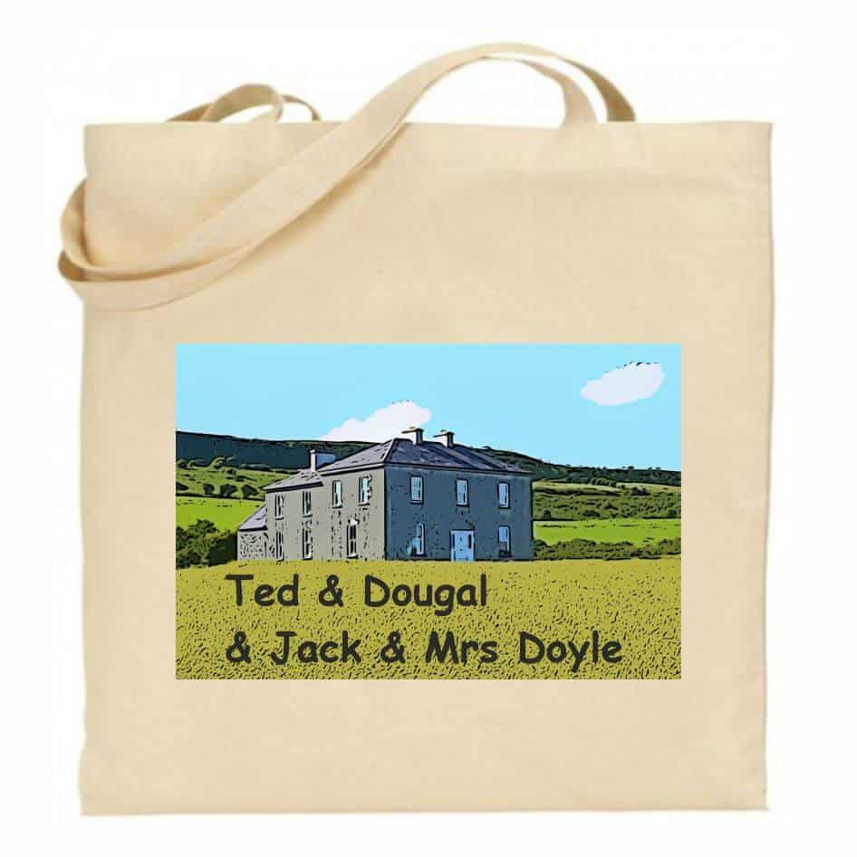 Craggy Island Parochial House Bag from joke.ie-The home of Father Ted. Craggy Island Parochial House is the residence of Father Ted Crilly, Father Dougal McGuire, Father Jack Hackett and their housekeeper Mrs.Joan Doyle.Did you know,the three priests ended up there as punishment for different reasons. Ted was accused of spending fund money intended for a sick child to visit Lourdes on himself, Dougal was the cause of the "Blackrock incident" where many nuns' lives were "irrevocably damaged" and Jack got into trouble while performing a wedding.Mrs Doyle was just unfortunate!! Our natural colour bags are made from eco-friendly organic cotton and manufactured by a fair-trade business. Dimensions are 39(h) x 35(w) with 30cm handle.