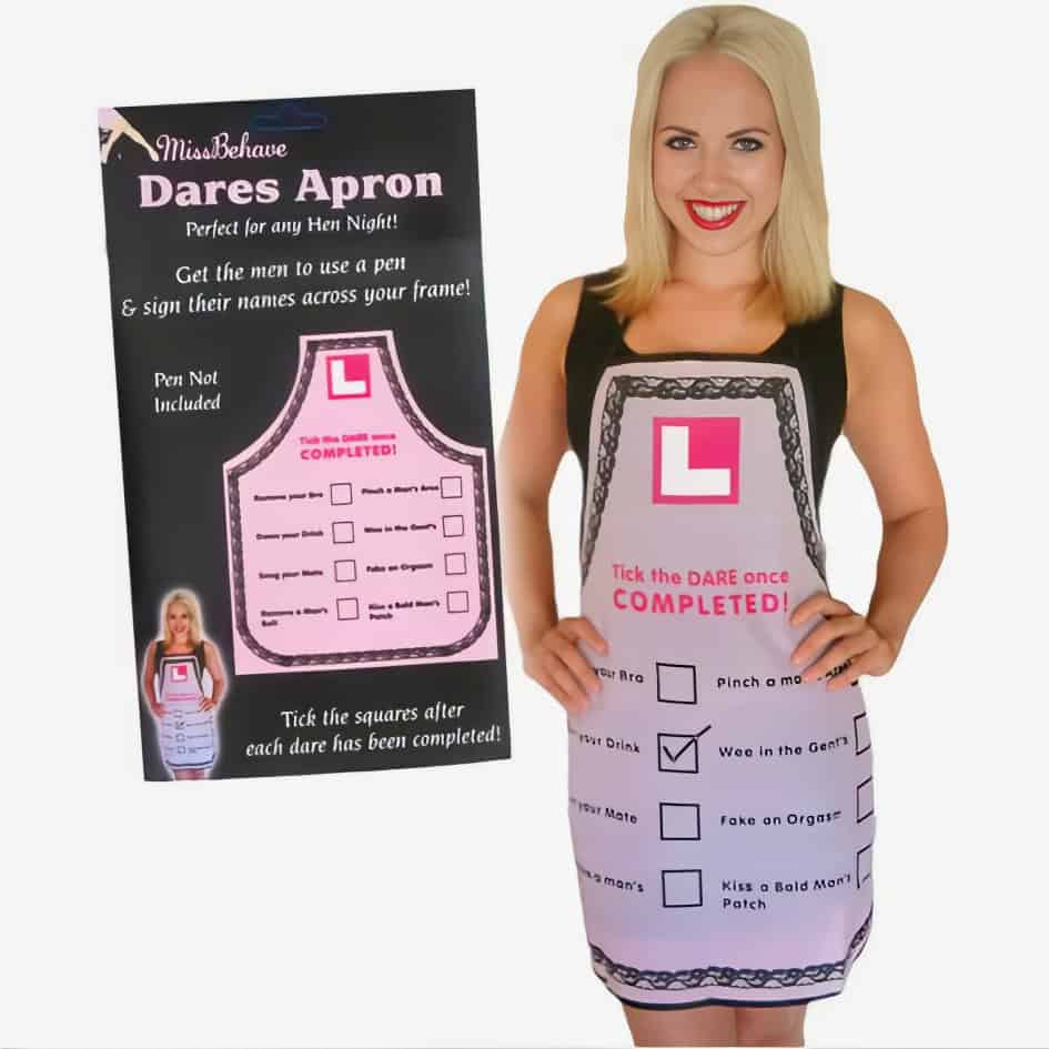 Hen Night Dare Apron from joke.ie and The Joke Shop Cavan Our popular light pink hen party dare apron comes with a black lace trim effect surround.It features a pink and white L plate design print,it has a series of dare tasks These testing dares include, remove your bra, pinch a man's arse, down your drink, wee in the gents, snog your mate, fake an orgasm, remove a mans belt and kiss a bald man's patch.  The big question is could you handles this apron? Craic at it's best! Ah go ya will!