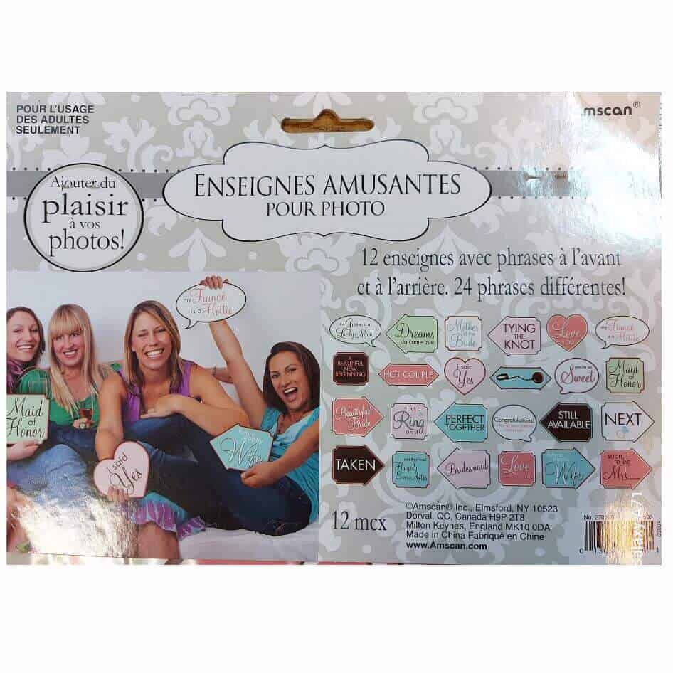 Hen Party Photo Signs from joke.ie Popular hen party photo signs or sometimes called bridal shower photo fun signs for guests to hold up and capture the memories. Sturdy carded paper sign has an engagement related phrase in a variety of colours. Some of the popular photo signs messages include "Tying The Knot"-  "Taken" The fun pack includes 12 double-sided shaped signs and each has a different phrase.With 24 phrases to choose from, there is one for everyone in the hen party! Making memories! Lights,camera, action... The Joke Shop Cavan for all your hen night noevlty items.