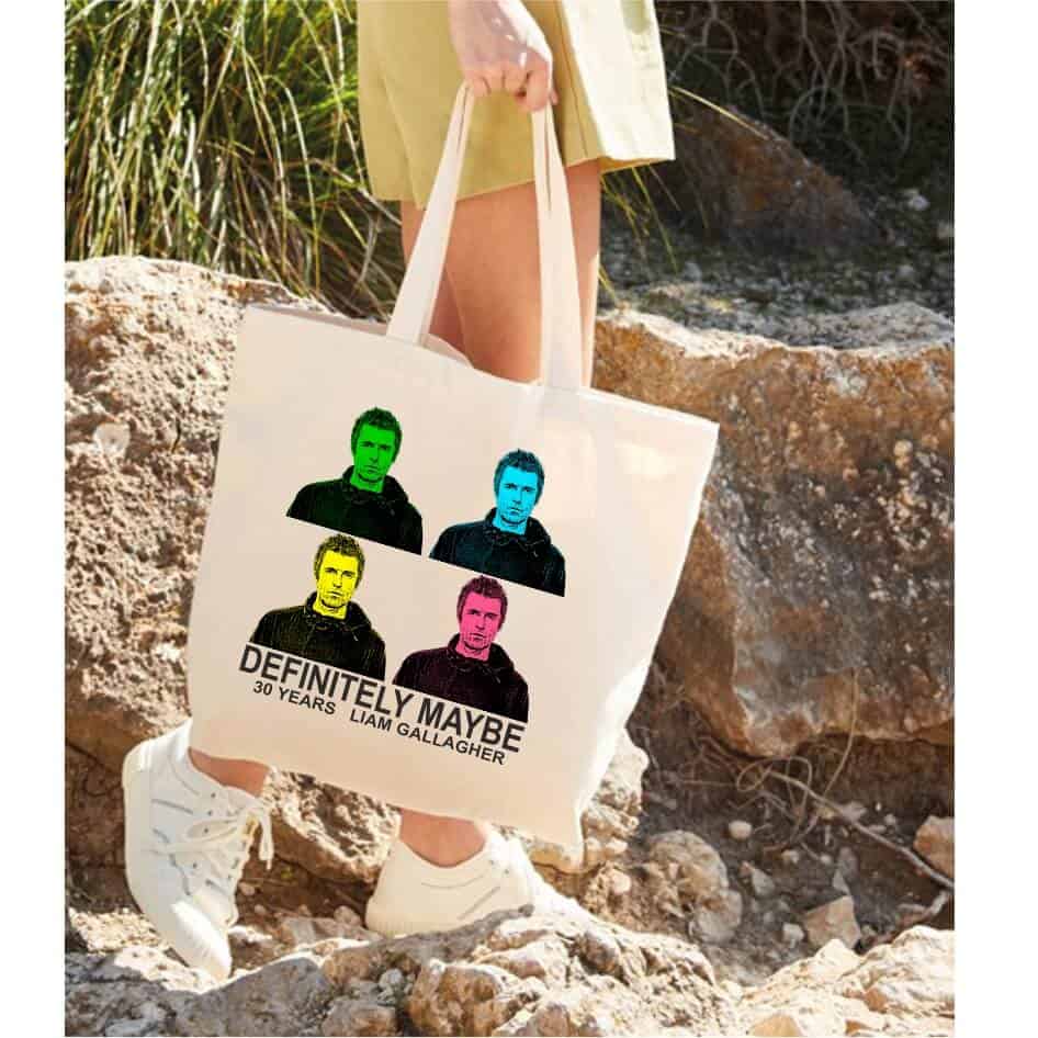 Liam Gallagher Tote Bag - GRN Ideal for all you Liam Gallagher fans.Our natural colour bags are made from eco-friendly organic cotton and manufactured by a fair-trade business. Dimensions are 39(h) x 35(w) with 30cm handle. 