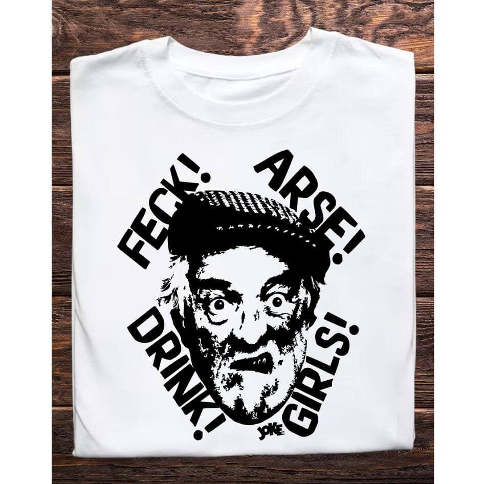 Father Ted Inspired Father Jack Tee Shirt from Joke.ie, Ireland. Celebrate your love for classic comedy with our Father Ted inspired Father Jack tee shirt. Perfect for fans of the beloved television series, this unique tee captures the quirky humor and memorable moments that made Father Ted a timeless favorite. Whether you're heading to a comedy convention, relaxing at home, or hanging out with friends, this tee is a must-have addition to your wardrobe. Embrace the Quirkiness Nostalgic Design: The Father Jack tee shirt features a playful design that pays homage to one of the most iconic and hilarious characters from Father Ted. Father Jack's portrait is surrounded by his favorite words, "Drink, Feck, Arse, Girls," printed on high-quality fabric. This design ensures that the humor and charm of the show are captured in every detail. This tee shirt is not just a piece of clothing; it's a conversation starter and a tribute to classic television comedy. High-Quality Materials Comfort and Durability: Made from a soft and breathable cotton blend, the Father Jack tee shirt offers superior comfort for all-day wear. The durable fabric is designed to withstand repeated washing and wearing, ensuring that this tee remains a staple in your collection for years to come. The lightweight material makes it perfect for layering or wearing on its own, providing versatility for any season. Perfect Fit Unisex Sizing: Available in a range of unisex sizes, the Father Jack tee shirt is designed to fit comfortably on both men and women. The classic crew neck and relaxed fit ensure that you look stylish while feeling comfortable. Transition seamlessly from casual outings to relaxed evenings at home with this versatile tee. Ideal for Various Occasions Versatile Style: Whether you're binge-watching Father Ted, attending a themed party, or just enjoying a casual day out, this tee shirt is the perfect choice. Its simple yet eye-catching design makes it suitable for a variety of occasions, allowing you to showcase your love for the show wherever you go. Great Gift Idea: Looking for a unique gift for a Father Ted fan? The Father Jack tee shirt is an excellent choice. Its nostalgic design and high-quality construction make it a thoughtful and memorable gift for birthdays, holidays, or just because. Easy Care Low Maintenance: The tee shirt is easy to care for, requiring minimal effort to keep it looking its best. Simply machine wash in cold water and tumble dry on low heat to maintain the vibrant print and comfortable fabric. This Father Ted inspired  tee shirt is a must-have for fans of the show. Its nostalgic design, high-quality materials, and versatile style make it the perfect addition to any wardrobe. Celebrate Your Love for Classic Comedy with this unique and stylish tee shirt, and bring a touch of Father Ted humor to your everyday life. Colour: White loose fit tee Size: Small 35/37″ Medium 38/40″ Large 41/43″ X Large 44/46″ 2X Large 47/49″ 3X Large 50/522 View our entire Father Ted Collection here.
