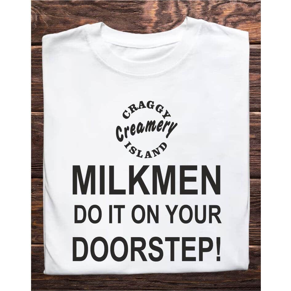 Father Ted Inspired: Milkmen Tee Shirt from Joke.ie, Ireland. Celebrate your love for classic comedy with our Father Ted inspired "Milkmen" tee shirt. Perfect for fans of the beloved television series, this unique tee captures the quirky humor and memorable moments that made Father Ted a timeless favorite. Whether you're heading to a comedy convention, relaxing at home, or hanging out with friends, this tee is a must-have addition to your wardrobe. Embrace the Quirkiness Nostalgic Design: The Milkmen tee shirt features a playful design that pays homage to one of the most iconic and hilarious moments from Father Ted. The bold text, "Milkmen Do It on Your Doorstep," is printed alongside a logo of Craggy Island Creamy, ensuring that the humor and charm of the show are captured in every detail. This tee shirt is not just a piece of clothing; it's a conversation starter and a tribute to classic television comedy. High-Quality Materials Comfort and Durability: Made from a soft and breathable cotton blend, the Milkmen tee shirt offers superior comfort for all-day wear. The durable fabric is designed to withstand repeated washing and wearing, ensuring that this tee remains a staple in your collection for years to come. The lightweight material makes it perfect for layering or wearing on its own, providing versatility for any season. Perfect Fit Unisex Sizing: Available in a range of unisex sizes, the Milkmen tee shirt is designed to fit comfortably on both men and women. The classic crew neck and relaxed fit ensure that you look stylish while feeling comfortable. Transition seamlessly from casual outings to relaxed evenings at home with this versatile tee. Ideal for Various Occasions Versatile Style: Whether you're binge-watching Father Ted, attending a themed party, or just enjoying a casual day out, this tee shirt is the perfect choice. Its simple yet eye-catching design makes it suitable for a variety of occasions, allowing you to showcase your love for the show wherever you go. Great Gift Idea: Looking for a unique gift for a Father Ted fan? The Milkmen tee shirt is an excellent choice. Its nostalgic design and high-quality construction make it a thoughtful and memorable gift for birthdays, holidays, or just because. Easy Care Low Maintenance: The Milkmen tee shirt is easy to care for, requiring minimal effort to keep it looking its best. Simply machine wash in cold water and tumble dry on low heat to maintain the vibrant print and comfortable fabric. This Father Ted inspired tee shirt is a must-have for fans of the show. Its nostalgic design, high-quality materials, and versatile style make it the perfect addition to any wardrobe. Celebrate Your Love for Classic Comedy with this unique and stylish tee shirt, and bring a touch of Father Ted humor to your everyday life. Colour: White loose fit tee Size: Small 35/37″ Medium 38/40″ Large 41/43″ X Large 44/46″ 2X Large 47/49″ 3X Large 50/522 View our entire Father Ted Collection here.