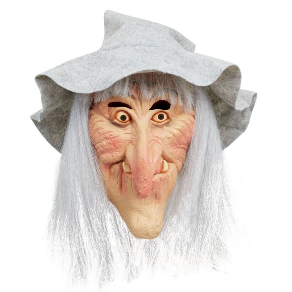 Introducing the Witch Mask with Grey Hat and Hair from joke.ie, a must-have accessory for anyone looking to transform into a classic, spooky witch this Halloween! This mask is the perfect combination of eerie details and traditional design, ensuring you stand out at any Halloween or fancy dress party. With its realistic features, including a terrifying witch face, grey hair, and an attached pointed hat.Don't mention the nose! This mask is designed to bring your witchy costume to life. Design Features: This classic mask features a detailed, creepy witch face with exaggerated facial features, including a hooked nose, wrinkled skin, and sinister eyes, ensuring a truly horrifying look. The mask is accompanied by long, grey hair that cascades down for a menacing effect, adding volume and enhancing the authentic witch appearance. Completing the look is the classic witch's pointed hat in matching grey, giving you the full witch ensemble in one convenient accessory. The hat is attached securely to the mask for a seamless finish that will stay in place throughout the event. Quality and Comfort: Crafted from high-quality latex, this halloween mask is durable and designed to withstand wear and tear, ensuring that it can be used for multiple events. The mask is breathable and comfortable to wear, featuring eye and nose openings to ensure visibility and airflow, allowing you to enjoy your Halloween or fancy dress party without discomfort. The soft material of the grey hair and flexible fit make it easy to put on and take off, while its lightweight design ensures you can wear it for extended periods. Perfect for Halloween and Fancy Dress Parties: Ideal for Halloween, horror-themed events, or any fancy dress party, the scary but friendly mask offers a complete look in one simple piece. Whether you're going for a spooky or traditional witch costume, this mask will ensure you’re the star of the show.One size fits most. Conclusion: Elevate your Halloween costume with the Witch Mask with Grey Hat and Hair. Its frightening design, durable construction, and comfortable fit make it the perfect addition to any Halloween or fancy dress outfit.