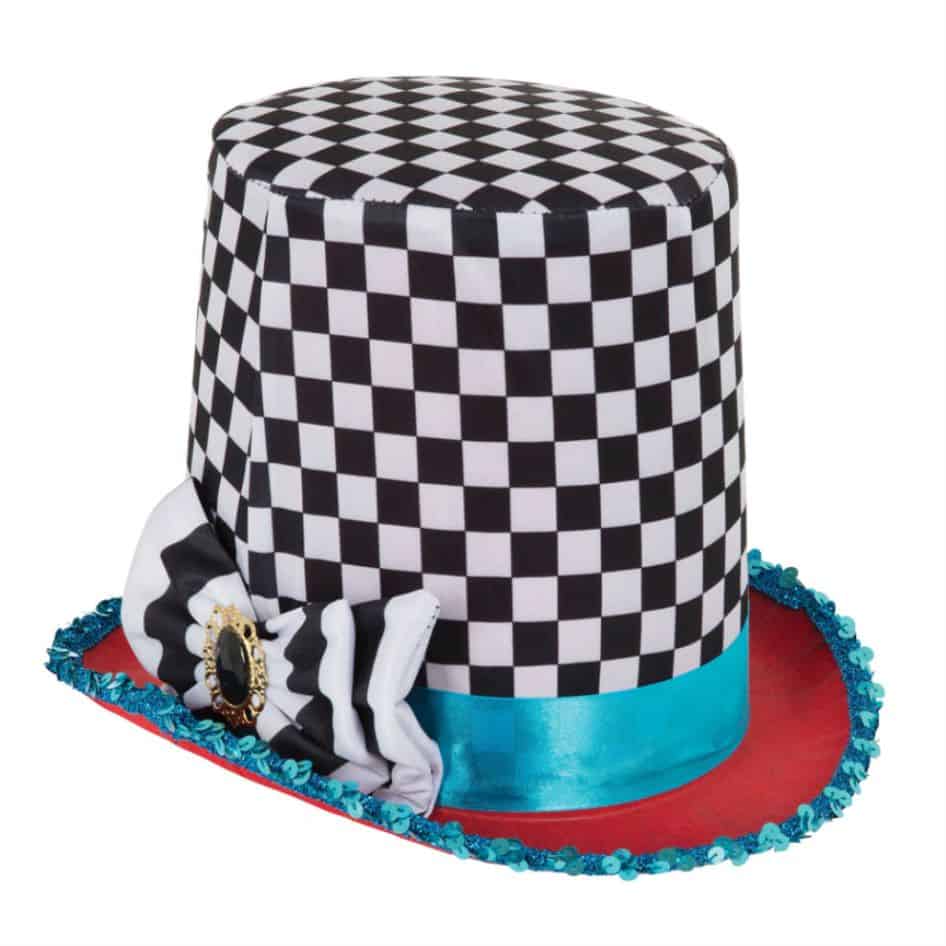 Mad Hatter Top Hat Mad Hatter Black & White Checkered Stovepipe Hat – Whimsical Costume Accessory Step into the world of wonder and madness with this Mad Hatter black and white checkered stovepipe hat! Perfect for Alice in Wonderland-themed parties, cosplay, theatrical performances, Halloween, or fancy dress events, this statement hat captures the eccentric and playful essence of the Mad Hatter character. Designed with bold black and white checkered patterns, this oversized stovepipe top hat adds a touch of whimsy and mystery to your outfit. Made from high-quality, lightweight materials, it ensures comfort while maintaining its tall and structured shape. The wide brim enhances its dramatic effect, making it an eye-catching addition to any Mad Hatter costume.A matching bow and due complete the hat. Suitable for adults and kids, this hat is perfect for those who love to embrace fantasy and creativity. Whether you're attending a tea party, a theatrical production, or a cosplay convention, this black and white checkered Mad Hatter hat is the perfect accessory to stand out. Get your Mad Hatter Top Hat today and bring a bit of Wonderland magic to your next event. It’s time for a tea party – the crazier, the better! This quality hat has to be seen to be fully appreciated. One Size