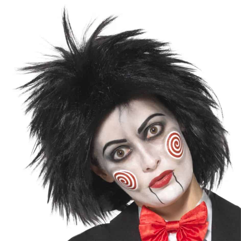 Miss Saw Wig from Joke.ie – Black and Red Curls – Inspired by Saw Movie Puppet