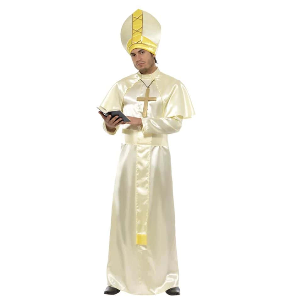 Pope Costume from Joke.ie Step into divine elegance with our Pope Costume in a unique papal colour—perfect for themed parties, Halloween, religious plays, Tedfest or costume events. This premium set includes a flowing robe, regal sash, traditional Pope hat (mitre), statement necklace, and matching cape, all designed to create an authentic and eye-catching religious look. Crafted from high-quality, lightweight fabric, this costume is comfortable for extended wear and easy to move in. The nude colour offers a stylish twist on the classic white or red Pope outfit, making it a standout choice for those looking to make a bold impression. The Pope Costume robe features classic detailing and pairs seamlessly with the long sash for a formal, authoritative appearance. The mitre hat and cape complete the ensemble, while the ornate necklace adds a touch of religious symbolism and flair. Whether you're aiming for a humorous, theatrical, or elegant interpretation, this complete Holy Father Pope costume set delivers authenticity and style. Ideal for cosplay, stage performances, or photo shoots, it’s an unforgettable addition to any costume collection. Get your Holy Father Costume today and embrace the holiness of high fashion with every step. Sizes Available: Medium: Chest size 38″ – 40″