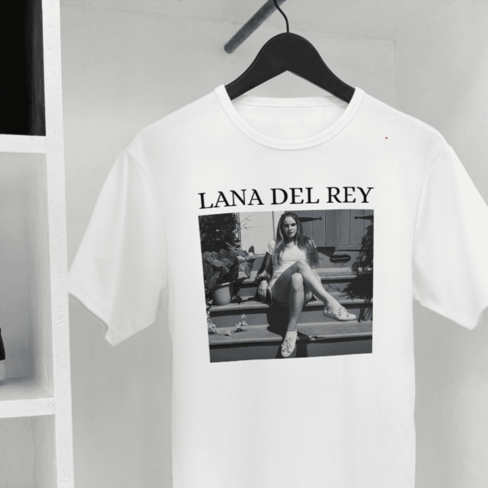 Lana Del Rey T-shirt with black and white photo and her name printed above the image.