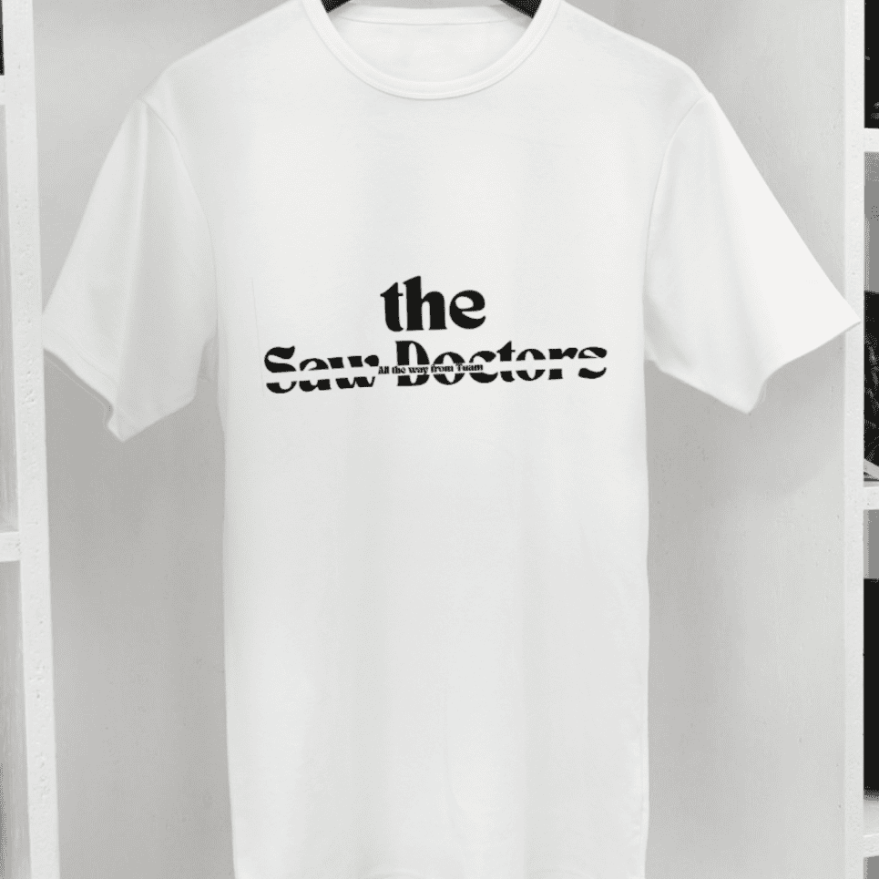 Saw Doctors T-shirt from Joke.ie with split band name and “All the Way from Tuam” text.