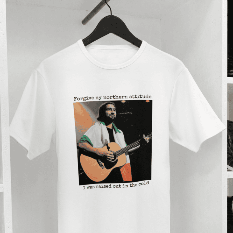 Noah Kahan T-shirt from Joke.ie with guitar photo, Ireland tricolour, and “Northern Attitude” song lyrics.