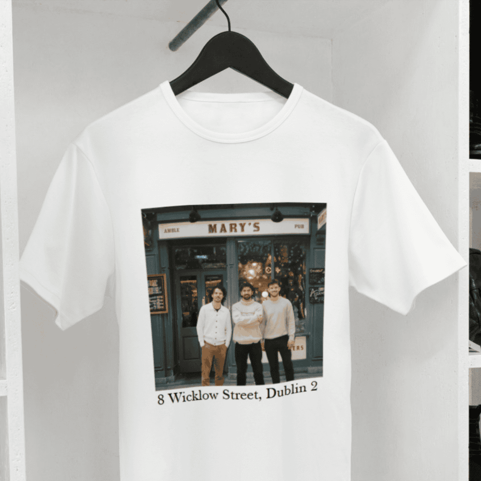 Amble T-shirt from Joke.ie with photo of Amble outside Mary’s Pub and pub address underneath.