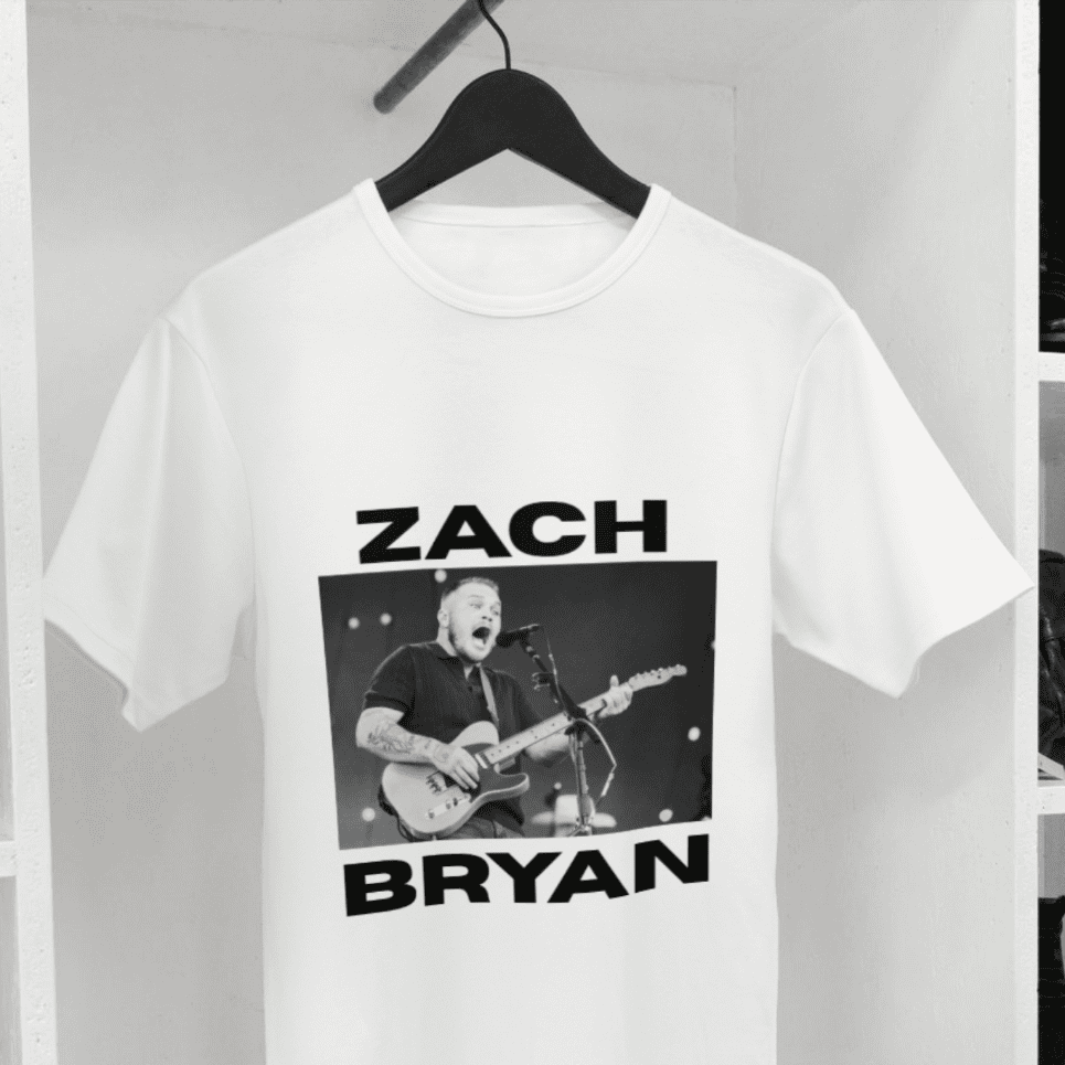Zach Bryan T-shirt from Joke.ie with black and white photo of Zach singing and his name printed above and below.