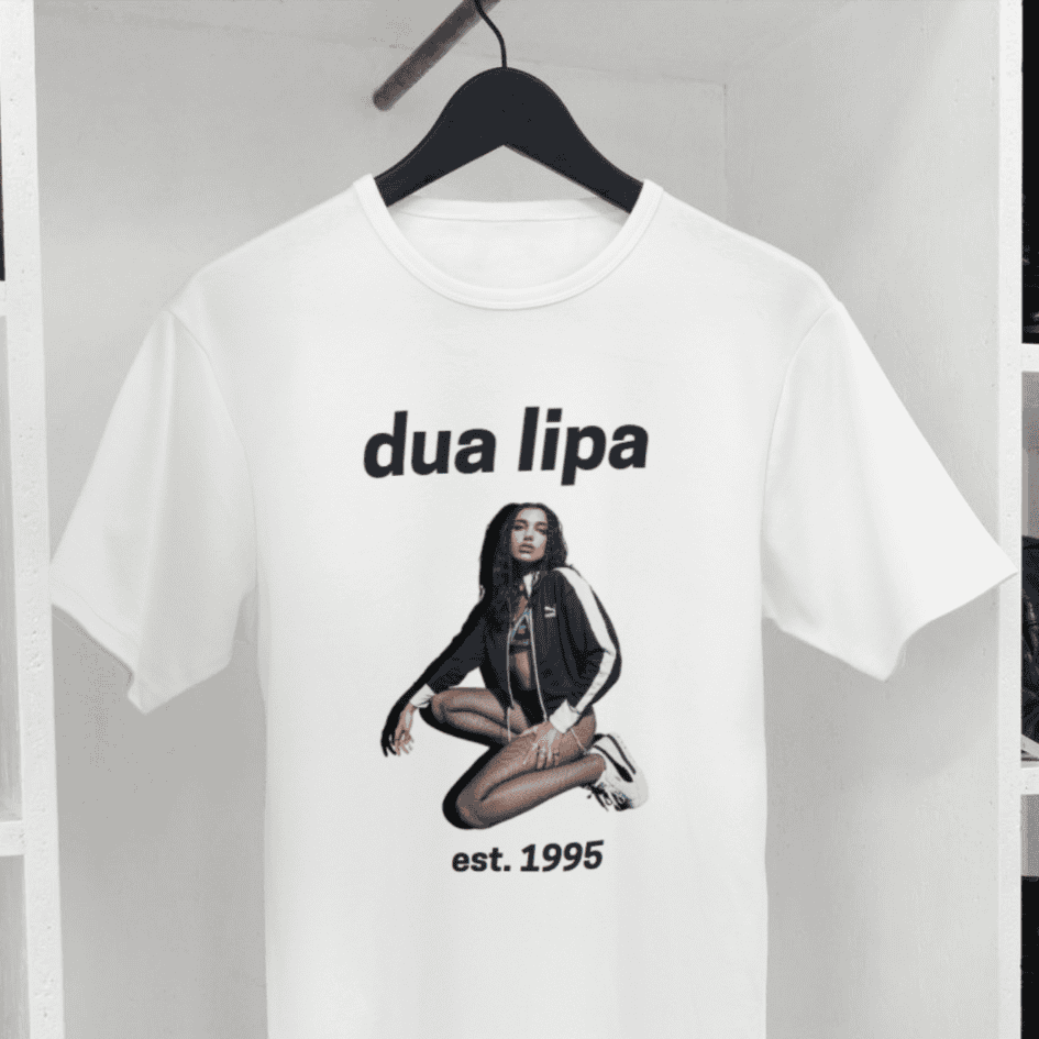 Dua Lipa T-shirt with silhouette, photo, name above image, and EST. 1995 printed below.