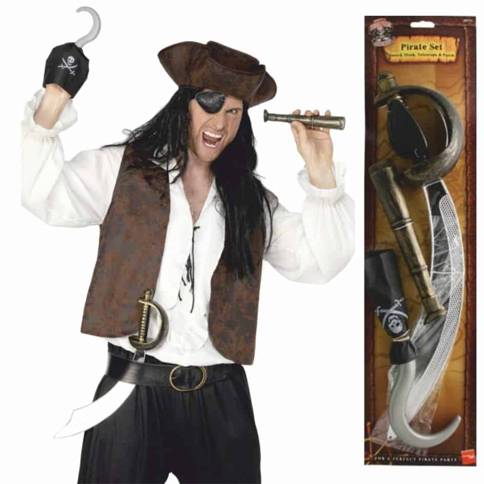 Pirate Set from joke.ie Ahoy, matey! Set sail for adventure with this all-in-one Pirate Set – the perfect accessory pack for little buccaneers and swashbuckling adults alike! This fun and exciting pirate costume accessory set includes everything you need to complete your high-seas look: a plastic pirate sword, a classic pirate hook, a telescoping spyglass, and the essential black eye patch. Whether you’re dressing up for a costume party, school play, Halloween, or just imaginative play at home, this set brings out the true spirit of pirate life. Made from lightweight, durable plastic, each piece is designed for safe and comfortable use. The sword has a silver blade and an aged iron handle look.The hook is detailed for a realistic look, while the telescope extends for pretend play scouting. The eye patch completes the rugged pirate image and fits most with its adjustable elasticband. Key Features: Complete 4-piece pirate set: sword, hook, telescope, eye patch Made from safe, durable materials Ideal for Halloween, parties, school events, or dress-up play Lightweight and great fun for kids and adults Encourages imaginative play and storytelling Transform into a fearless pirate in seconds with this essential pirate accessory kit. Grab your Pirate Set today and get ready to rule the seven seas!