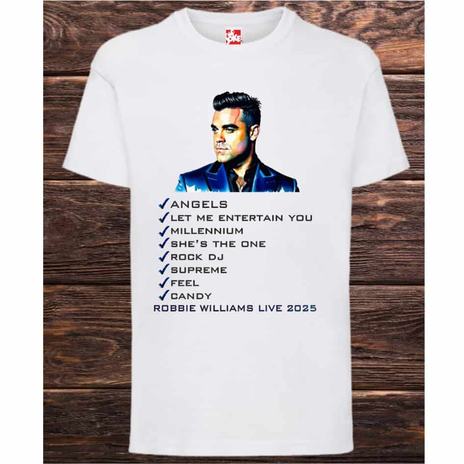Robbie Williams Concert Tee Shirt Celebrate the return of a legend with this exclusive Robbie Williams Concert Tee Shirt .Our RW crafted quality Fruit of the Loom cotton, this crisp white tee marks what fans are calling the comeback of the decade — Robbie Williams live at Croke Park, Dublin in 2025. Designed for both comfort and style, this high-quality unisex T-shirt features a bold print inspired by the band’s iconic aesthetic. Whether you're a longtime fan or new to the legacy, this Robbie Williams Concert Tee Shirt is the perfect way to mark the historic 2025 Dublin show. Our concert tee shirt is made with soft, breathable fabric, it's ideal for daily wear, festivals, or as a collector’s item for music memorabilia lovers. The classic cut ensures a flattering fit, while the durable stitching promises long-lasting wear. Key Features: Robbie Williams Concert Tee Shirt Croke Park 2025 design 100% white cotton Fruit of the Loom – soft, durable, and comfortable Crisp white with bold graphics Perfect for fans, collectors, and gig-goers Own a timeless piece of music history. Limited stock available. Grab your Robbie T-shirt Croke Park 2025 today and relive the moment forever.