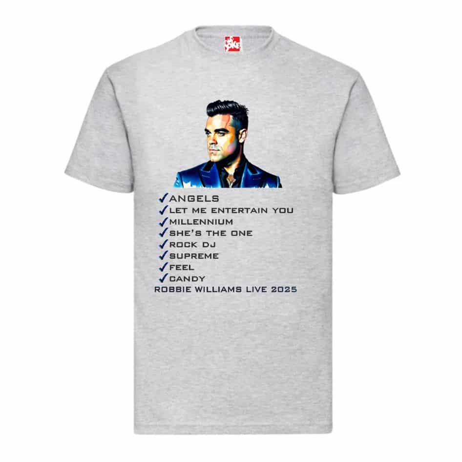 Robbie Williams Concert Tee Shirts from joke.ie. Bklue, White, Pink,Natural, Heather Grey