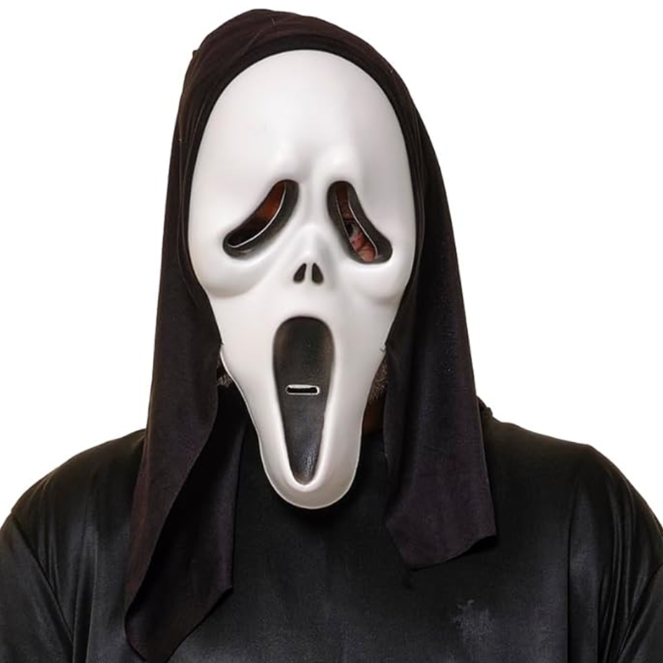 scream mask with hood horror costume accessory for halloween and spooky fancy dress events