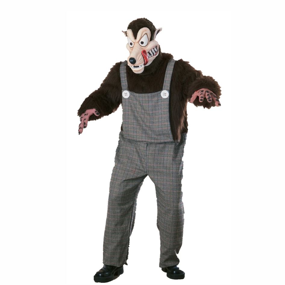 Big Bad Wolf Costume from Joke.ie Ireland Bring a classic fairy-tale villain to life with this fantastic Big Bad Wolf Costume, a fun and instantly recognisable choice for Halloween, fancy dress parties, themed events and theatrical performances. With its exaggerated wolf features and traditional clothing-inspired design, this costume creates a memorable look that’s creepy, comical and full of character. The costume includes a full jumpsuit, overhead wolf mask and matching hands, giving you the main pieces needed to transform into the fearsome Big Bad Wolf. The jumpsuit features dark brown faux-fur style sleeves and upper body combined with grey checked dungaree-style detailing. Large decorative buttons complete the old-fashioned storybook appearance. The overhead wolf mask is the standout feature, with oversized eyes, pointed ears, a long snout and a wicked toothy grin. Its cartoon-inspired expression gives the costume a wonderfully sinister fairy-tale look. Matching wolf hands feature claw and paw detailing to help complete your transformation from head to toe. Perfect for creating your own Little Red Riding Hood group costume, this Big Bad Wolf outfit also works brilliantly for storybook themes, Halloween celebrations, school or stage productions and adult fancy dress parties. Size: One Size - 42–44" chest and 34–36" waist.Up to 6 ft Costume Includes: Jumpsuit, overhead Big Bad Wolf mask and matching hands. Please note: Footwear is not included. This is a deluxe Costume, If you are looking for a classic quality Costume this is it. 5 Star from us!