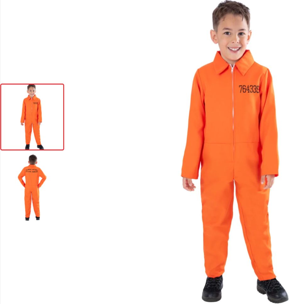 Escaped Prisioner Costume Kids Get ready for a great escape with this bold Kids Escaped Prisoner Costume, a fun and instantly recognisable outfit for Halloween and fancy dress events. With its vibrant orange colour and classic prison styling, this costume is perfect for kids who want a standout look for their next party or celebration. The orange boiler suit features a printed inmate number on the chest and “Maximum Security State Prison” wording across the back for an authentic prisoner-inspired finish. Designed as an easy-to-wear all-in-one jumpsuit, it offers a simple costume solution for busy parents while giving kids a complete fancy dress look in minutes. Perfect for trick or treating, this kids prisoner costume is also ideal for Halloween discos, themed birthday parties, school dress-up days, fancy dress events and costume celebrations throughout the year. The bright orange design ensures they’ll stand out from the crowd wherever the occasion takes them. For family parties or group fancy dress, coordinate this children’s escaped prisoner costume with matching adult prisoner outfits to create a fun themed look. Costume Features: Bright orange prisoner-style boiler suit Printed inmate number on the chest Maximum Security State Prison back print Easy all-in-one jumpsuit design Perfect for Halloween and trick or treating Ideal for parties, school events and fancy dress days Ready to make their escape? Choose their size and order this Kids Prisoner Costume today!
