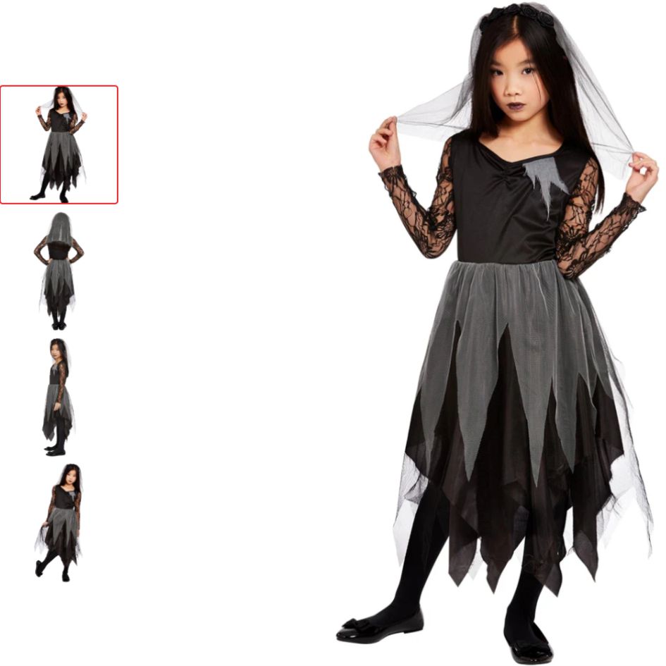 Graveyard Bride Costume from joke.ie Make a haunting statement this Halloween with the Grave Yard Bride Costume for girls, a striking addition to any kids’ Halloween fancy dress collection. Combining spooky style with gothic glamour, this eye-catching corpse bride costume features a black satin-style dress with sheer lace sleeves and a dramatic ragged grey tulle skirt finished with a pointed, jagged hemline. A coordinating veiled rose headband completes the eerie bridal look. This two-piece girls’ Halloween costume provides a complete, ready-to-wear outfit straight from the pack, making it an excellent choice for retailers looking to stock visually appealing Halloween costumes that customers will love. The distinctive gothic bride design is perfect for creating a memorable spooky look without the need for multiple accessories. Ideal for Halloween parties, horror-themed fancy dress, Book Day events, Day of the Dead celebrations, cosplay and themed birthday parties, this versatile kids’ corpse bride costume offers plenty of selling opportunities throughout the year. Pair it with gothic makeup, gloves, tights and other spooky accessories to encourage additional purchases and increase basket value. Girls’ Grave Yard Bride and corpse bride Halloween costume Includes black satin-style dress and veiled rose headband Sheer lace sleeves create an elegant gothic bridal effect Ragged grey tulle skirt features a dramatic pointed hemline Complete two-piece, ready-to-wear fancy dress outfit Ideal for Halloween, Book Day, cosplay and horror-themed parties