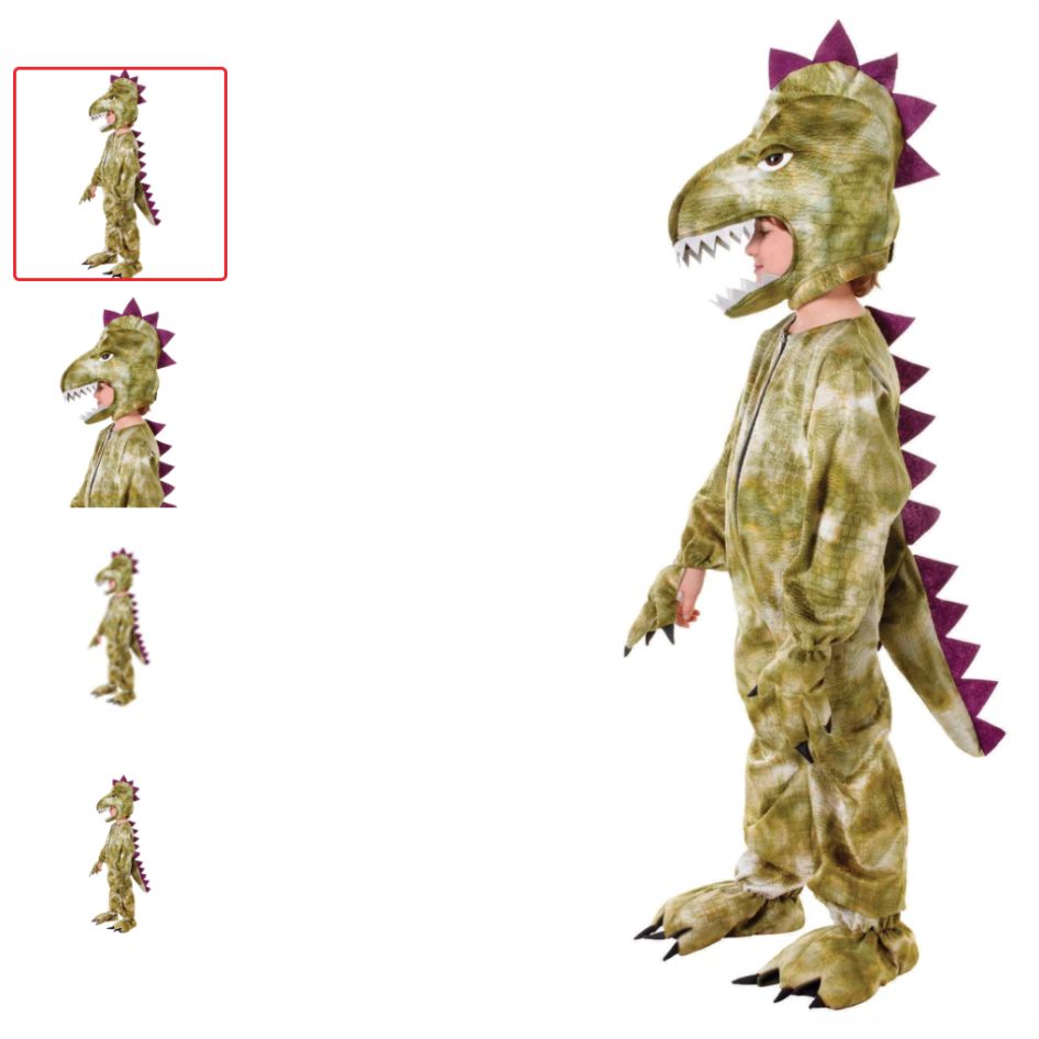 Kids Dinosaur Costume Let their imagination run wild with this fantastic Kids Dinosaur Costume, perfect for little adventurers who love everything prehistoric. With its bold colours, textured detailing and fun dinosaur styling, this eye-catching outfit is ready for roaring adventures at parties, school events and fancy dress occasions. The costume features a green dinosaur jumpsuit with a detailed scale-effect print, creating a fun prehistoric look from head to toe. Contrasting purple spines run down the back for an extra splash of colour, while claw detailing on the hands and feet adds the perfect finishing touch. A matching dinosaur head completes the transformation and gives young dinosaur fans a costume they’ll love wearing. This kids dinosaur fancy dress costume is a great choice for Book Day and school dress-up events, helping children bring their favourite dinosaur stories and prehistoric characters to life. It’s also ideal for Halloween, themed birthday parties, fancy dress days and imaginative play at home. Whether they’re stomping around like a mighty dinosaur or heading off on their own Jurassic adventure, this costume is sure to make an impression. Costume Features: Dinosaur jumpsuit with matching head Textured green scale-effect print Contrasting purple spine detailing Claw details on hands and feet Ideal for Book Day and school events Perfect for Halloween and birthday parties Size Available: Medium Age 7 - 8 years
