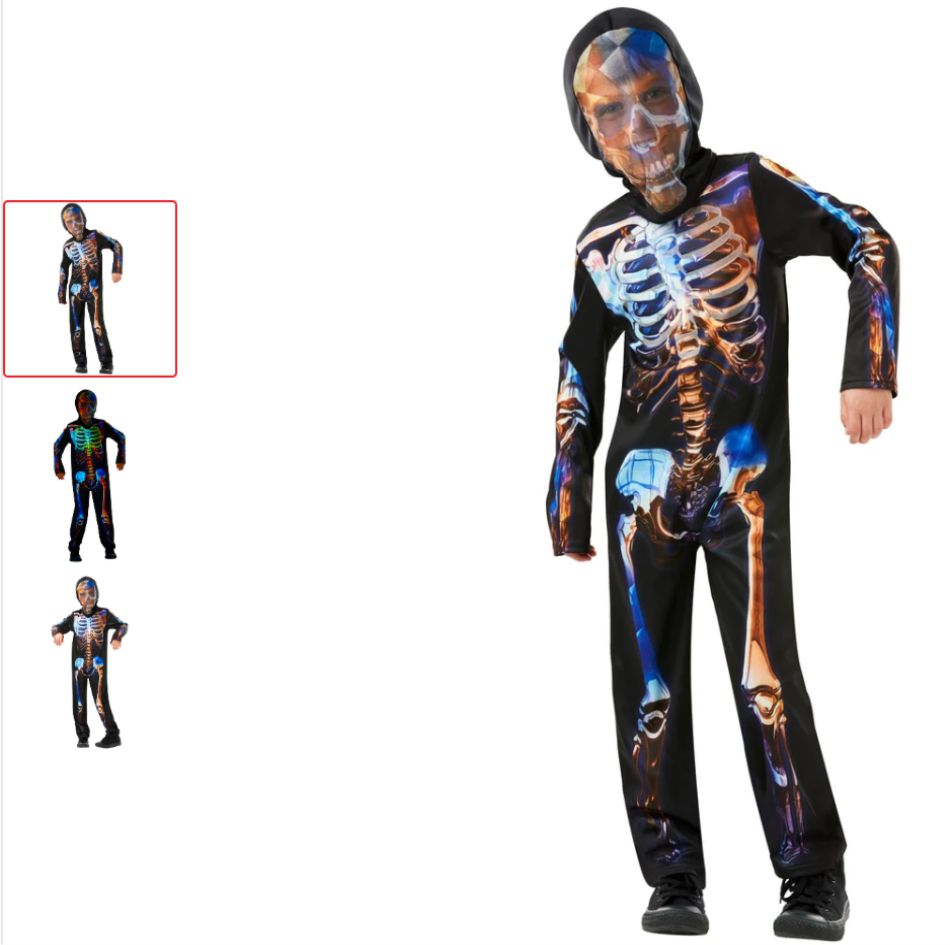 Skeleton Jumpsuit Costume Light up Halloween with this Kids Glow in the Dark Skeleton Costume, a colourful and eye-catching choice for spooky parties, school dress-up events and themed celebrations. Featuring a vibrant multi-coloured neon skeleton print, this fun children’s costume puts a modern twist on the classic skeleton outfit and creates an impressive look when the lights go down. The two-piece costume includes an all-in-one skeleton jumpsuit and a matching mesh hood, providing a complete, ready-to-wear Halloween look. The bold neon bone design glows in the dark, adding extra excitement for children and making the costume particularly effective at Halloween discos, evening parties and low-light events. Designed for both boys and girls, this kids skeleton costume is ideal for Halloween fancy dress, Dress Up Days, themed birthday parties, Day of the Dead celebrations and spooky school events. Its colourful design offers a great alternative to traditional black and white skeleton costumes while keeping the instantly recognisable bone-print style. Kids glow in the dark skeleton costume Vibrant multi-coloured neon bone print Includes all-in-one jumpsuit and matching mesh hood Suitable for boys and girls Ideal for Halloween and Dress Up Days Great for parties, discos and themed events Sizes Available: Small: 3-4 years 104cm Medium:5-6 years 116cm Large: 7-8 years 128cm
