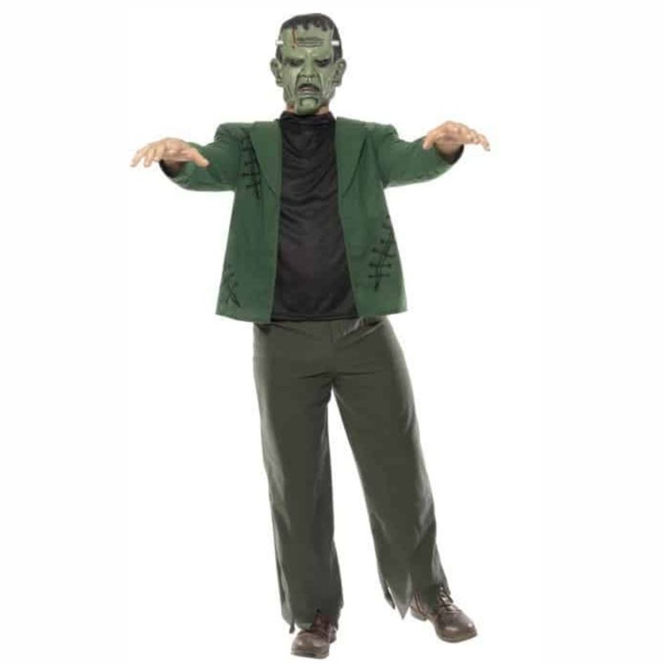 Frankenstein Costume from joke.ie Bring one of horror’s most iconic characters to life with this Frankenstein Costume, a classic choice for Halloween parties, horror themed events and spooky fancy dress celebrations. Featuring a complete coordinated look, this costume makes creating a memorable Frankenstein outfit quick and easy. The costume consists of a black top with an attached green jacket, creating the appearance of layered clothing without needing separate pieces. Stitching detailing across the jacket adds a suitably creepy, patched-together effect and gives the outfit its instantly recognisable monster styling. Also included is a pair of matching green trousers featuring jagged ends for a distressed and tattered appearance. The trousers have an elasticated waist, helping provide a comfortable and flexible fit while making them easy to put on and remove. To complete the Frankenstein look, the costume includes a character face mask. An elastic strap helps hold the mask securely against the face, providing an instant transformation without requiring complicated Halloween makeup or face paint. Perfect for Halloween fancy dress, monster themed parties, horror events and costume celebrations, this Frankenstein outfit provides the essential pieces needed to create a classic scary character. Simply add your own footwear and optional accessories to personalise the look. With its green jacket, stitched detailing, jagged trousers and creepy mask, this Frankenstein costume is a frighteningly fun choice for your next Halloween event. Sizes available: Medium: Chest size 38" - 40"