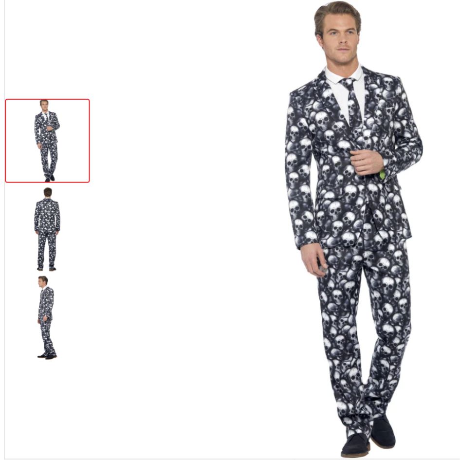 Skeleton Suit from joke.ie Stand out from the crowd this Halloween with the Men’s Skeleton Suit Costume, a smart and stylish alternative to traditional skeleton fancy dress. Featuring a striking black and white skull design, this eye-catching three-piece suit is perfect for anyone looking to combine spooky Halloween style with a sharp, dressed-up appearance. The complete skeleton costume includes a matching jacket, trousers and tie, creating a coordinated look straight from the pack. An all-over skull print delivers maximum visual impact, while the tailored suit styling gives the outfit a polished finish that works brilliantly for parties, events and group fancy dress. Ideal for Halloween parties, Day of the Dead celebrations, stag parties, festivals and horror-themed events, this men’s skull suit offers plenty of opportunities to wear throughout the year. It is also a great choice for group costumes, couples fancy dress and anyone searching for a fun novelty suit with a spooky twist. Retailers can merchandise this Skeleton Suit alongside skull masks, face paint, skeleton gloves and Halloween accessories to encourage additional purchases and increase basket value. Its distinctive black and white design makes it a standout addition to any adult Halloween costume collection. Complete three-piece men’s Skeleton Suit Includes matching jacket, trousers and tie Striking all-over black and white skull print Smart alternative to traditional skeleton costumes Perfect for Halloween and Day of the Dead Ideal for stag parties, festivals and group fancy dress Sizes Available: Medium: Chest size 38″ – 40″ Large: Chest size 42″ – 44″