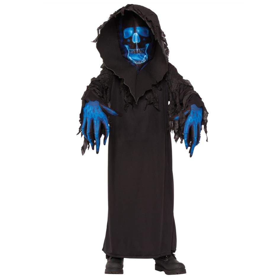 Phantom Reaper Costume Create a frightening Halloween transformation with this Kids Phantom Reaper Costume. Combining classic grim reaper styling with striking blue skeleton details, this spooky fancy dress outfit is perfect for children looking for a dark and dramatic costume for Halloween parties, trick or treating and themed events. The costume features a long black robe with tattered and distressed detailing, giving it a creepy, worn appearance that perfectly suits the mysterious Phantom Reaper character. A matching black hood helps create an eerie head-to-toe look, while the contrasting blue skeleton gloves add a bold splash of colour and complete the supernatural transformation. This kids reaper costume is a great choice for Halloween trick or treating, Halloween discos, fancy dress parties and Bonfire Night celebrations. The versatile horror-inspired design also makes it suitable for school dress-up days, themed birthday parties, cosplay events and other costume occasions throughout the year. For an even scarier Halloween look, add spooky face paint or additional horror accessories to personalise their Phantom Reaper transformation. Costume Features: Complete three-piece kids Phantom Reaper costume Tattered black robe with distressed detailing Matching hood for a mysterious appearance Striking blue skeleton gloves Ideal for Halloween and trick or treating Perfect for Bonfire Night and fancy dress parties Great for cosplay and themed events Let them step into the shadows this Halloween.