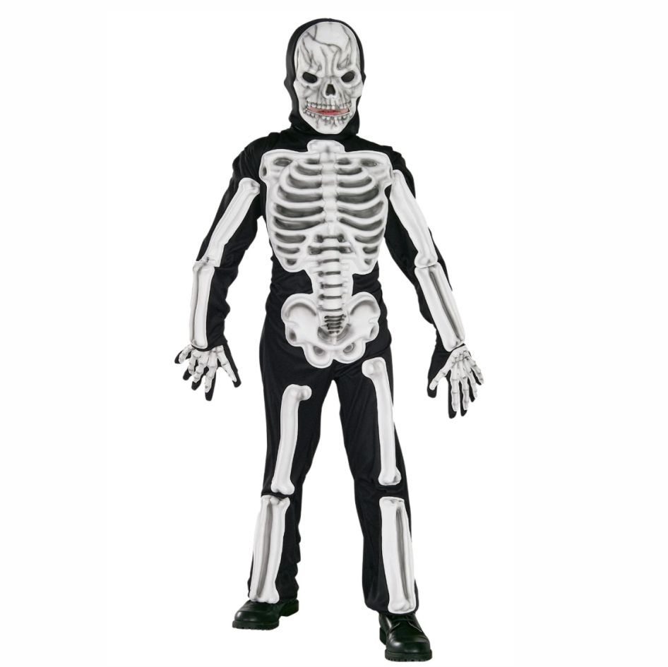 Skeleton Costume Get ready for a seriously spooky Halloween with this Kids Muscle Chest Skeleton Costume. Designed to create a bold and frightening look, this complete boys skeleton costume is perfect for trick or treating, Halloween parties, school events and spooky fancy dress occasions. The black skeleton jumpsuit features moulded EVA bones across the chest, arms and legs, creating an impressive 3D effect that gives this classic Halloween character extra impact. Matching skeleton gloves add to the creepy bone design, while the detailed skull mask completes the scary transformation. This kids Halloween skeleton costume comes as a complete three-piece set, making it easy to create a head-to-toe fancy dress look without needing lots of additional accessories. Simply add shoes and your little skeleton is ready for a night of Halloween fun. Ideal for much more than trick or treating, this versatile children’s skeleton fancy dress costume is also a great choice for Day of the Dead celebrations, Bonfire Night, school dress-up days, Halloween discos and themed costume parties. Costume Features: Complete kids skeleton costume with jumpsuit, gloves and skull mask Moulded EVA bones for an eye-catching 3D skeleton effect Striking muscle chest design Ideal boys Halloween costume for trick or treating Perfect for Halloween parties and school fancy dress Suitable for Day of the Dead and other spooky themed events Give their Halloween look maximum scare factor with this complete skeleton costume. With its striking 3D bones, creepy skull mask and matching accessories, it’s an easy choice for kids who want to stand out this spooky season. Choose their size and order today to get Halloween-ready before the fright night fun begins!